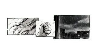 Manga eye and city panels — Monochrome Manga Drama E01